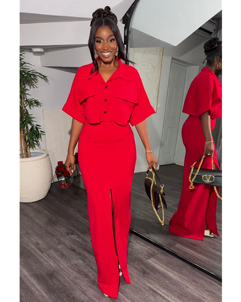 Cropped Top & Skirt Set Red