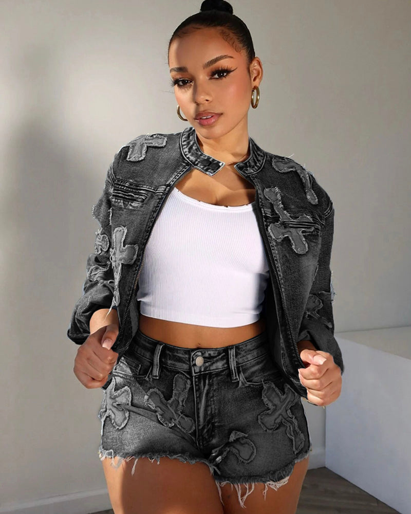 Cross Your Mind Denim Jacket Short Set Black Denim