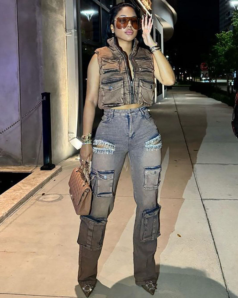 Crowned Bejeweled Jeans Grey