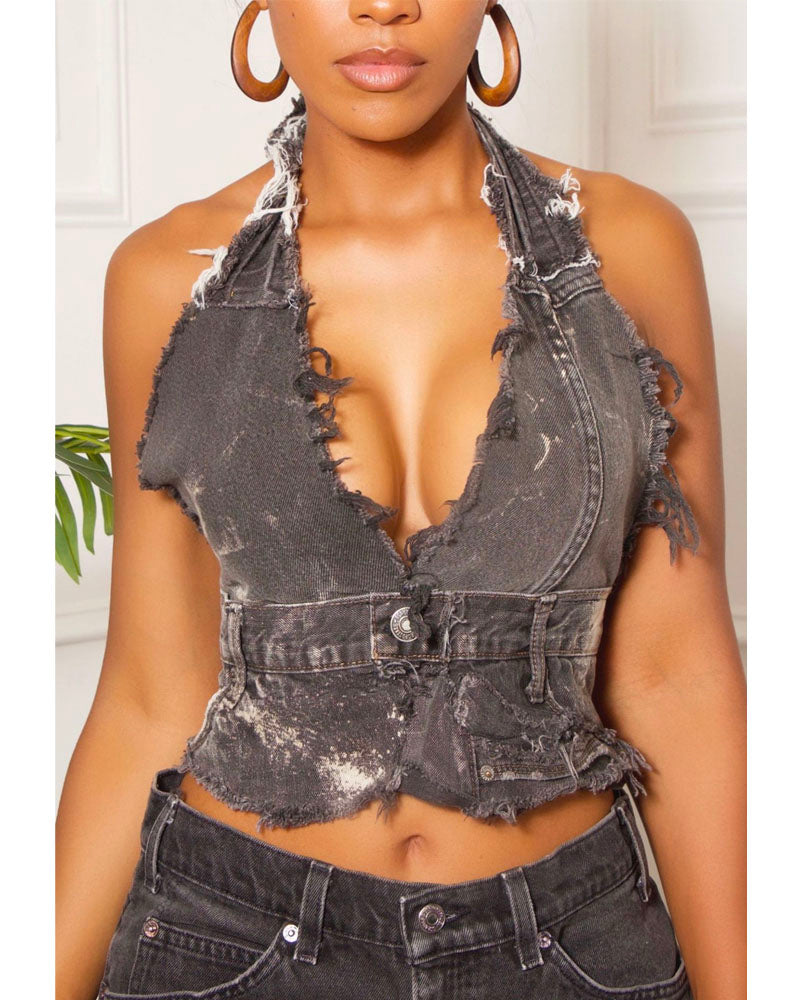 DENIM HALTER TOP Black