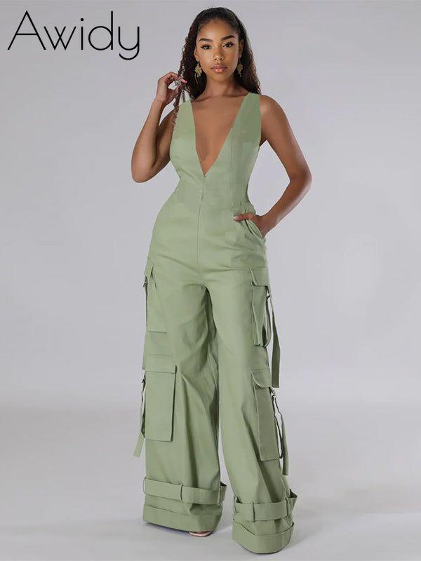 V-Neck Sleeveless Cargo Wide-Leg Jumpsuit