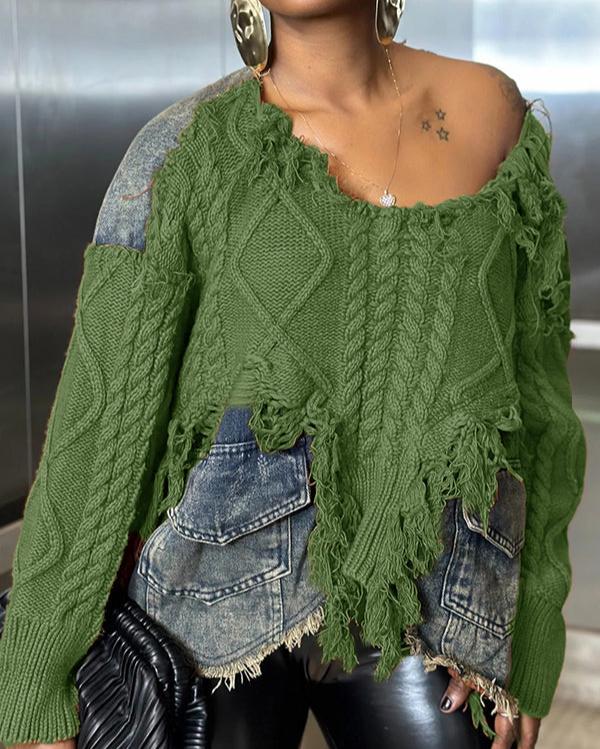 Retro Denim Patchwork Sweater Green