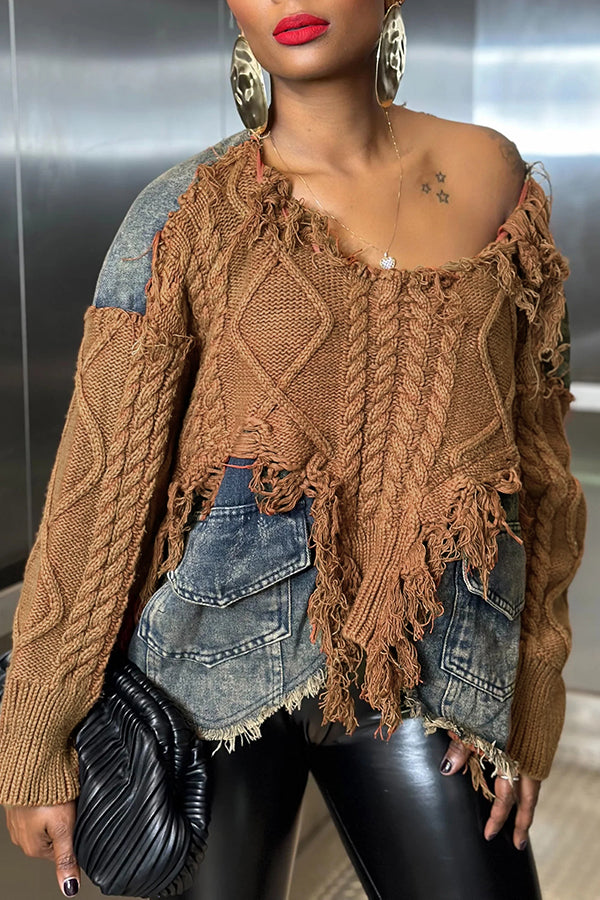 Retro Denim Patchwork Sweater Brown