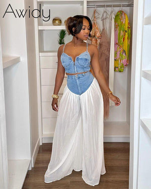 Denim Bustier Pleated Pants Set