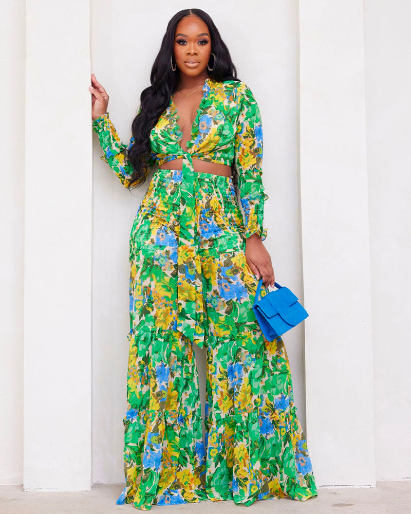 Floral Flow Pant Set Green