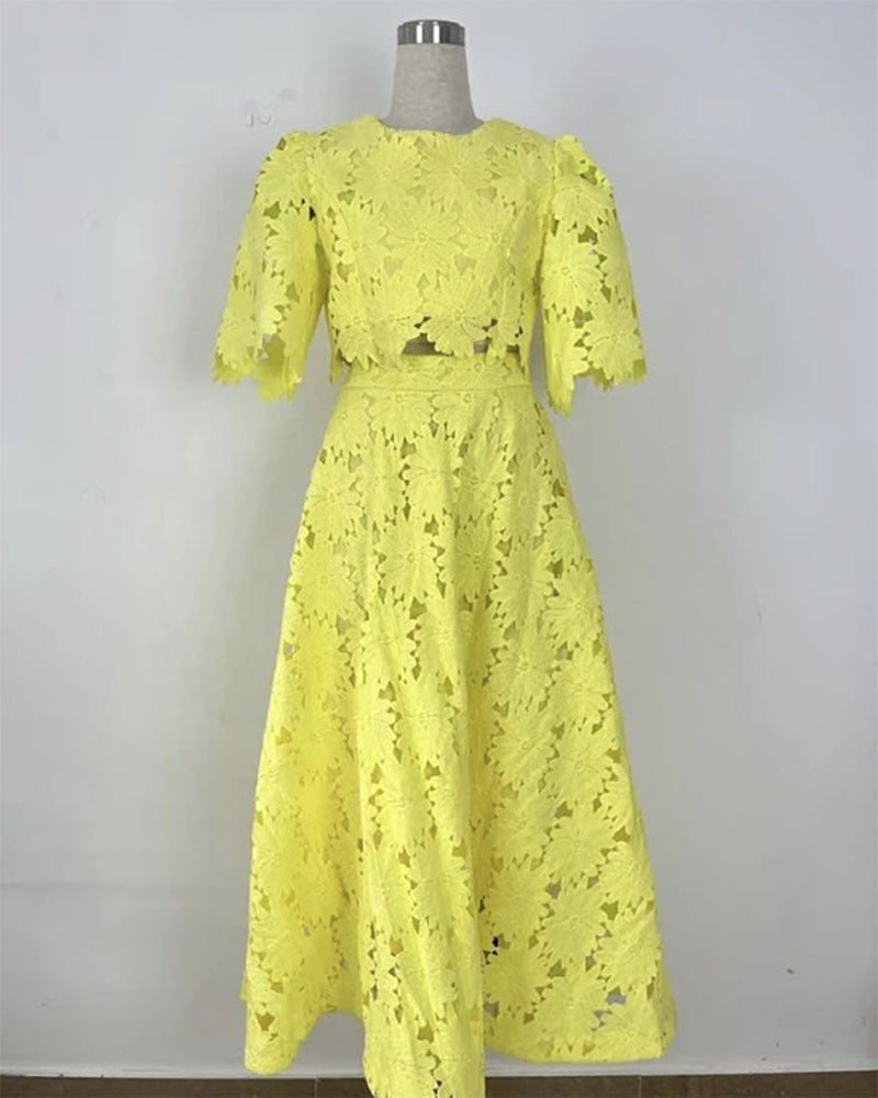Elegance Lace Skirt Set Yellow