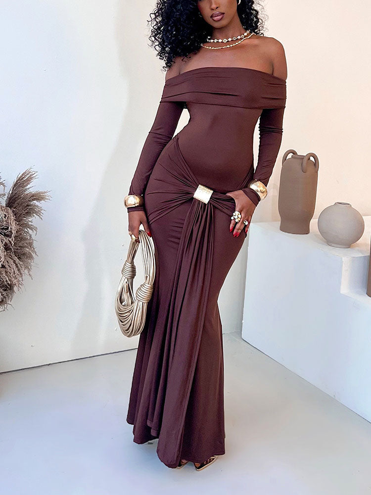 Off-Shoulder Draped Gown Dress