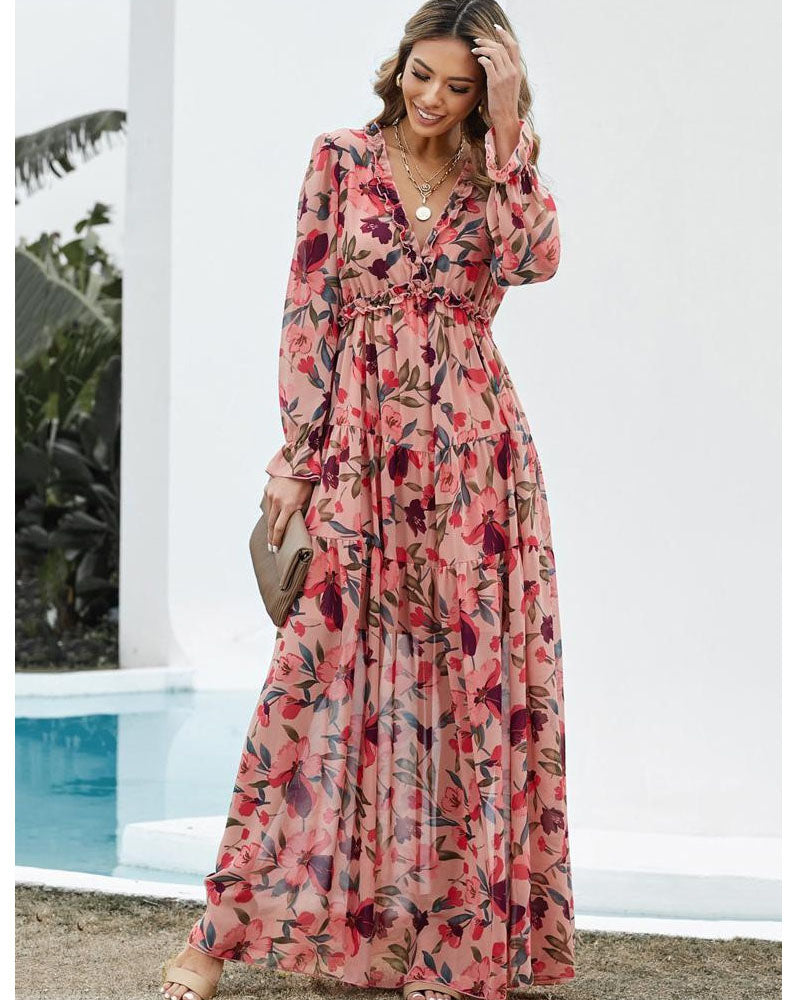 Fall Feels Ruffle Tiered Maxi Dress Deep Pink