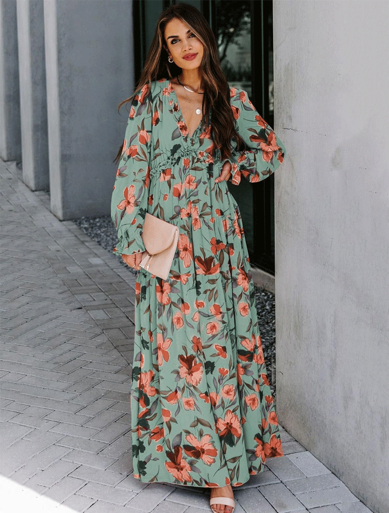 Fall Feels Ruffle Tiered Maxi Dress Green