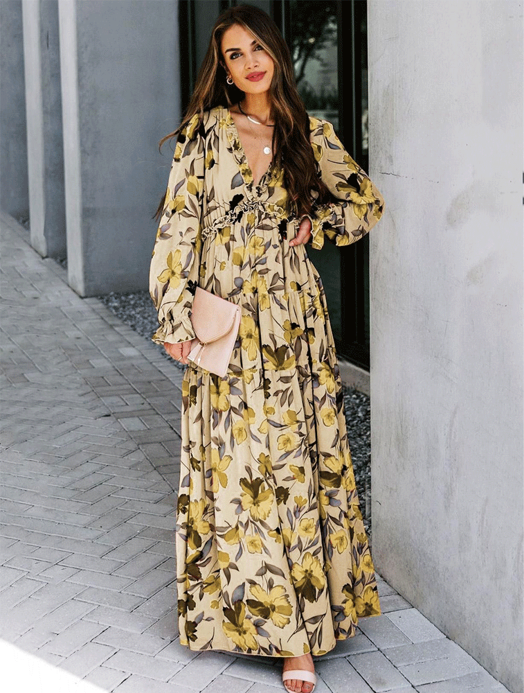 Fall Feels Ruffle Tiered Maxi Dress Yellow