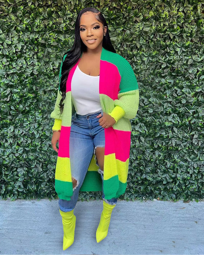 Fall Color Block Cardigan Green