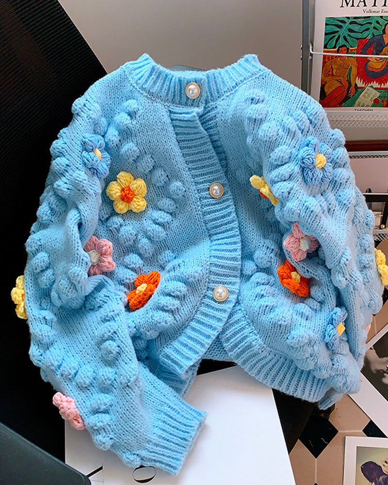 Floral Knit Cardigan【On Sale】 Light Blue