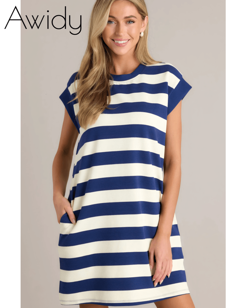 Harmony Horizon Striped Cap Sleeve Mini Dress