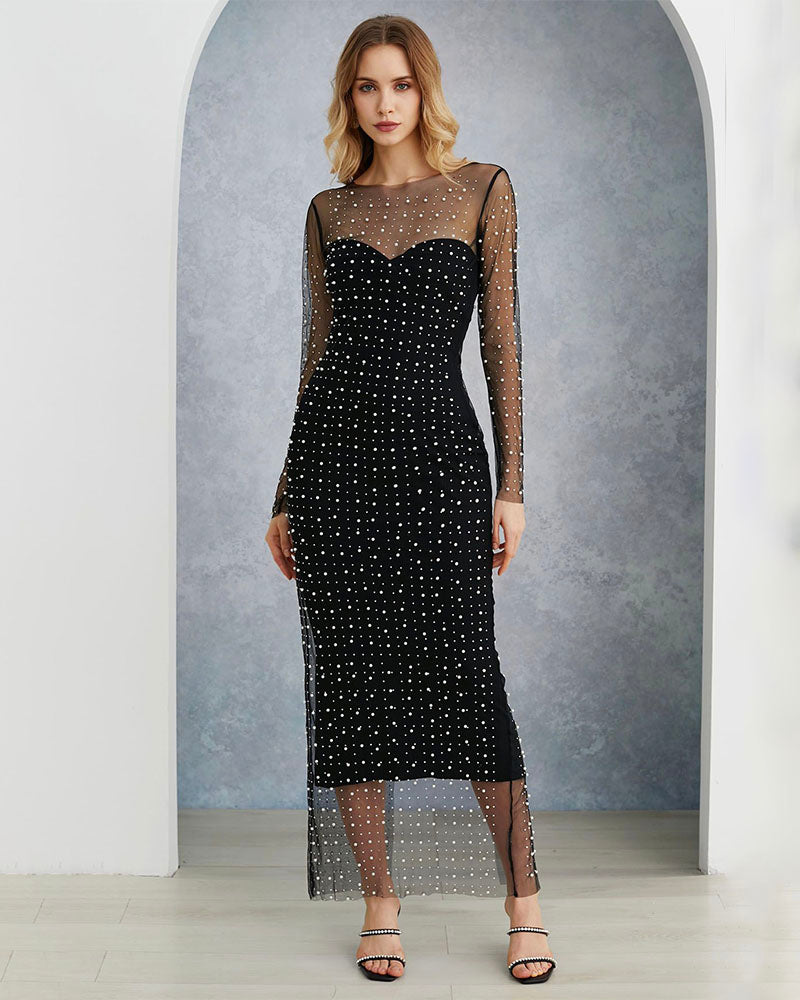 Full Pearl Mesh Cover up Dress Black