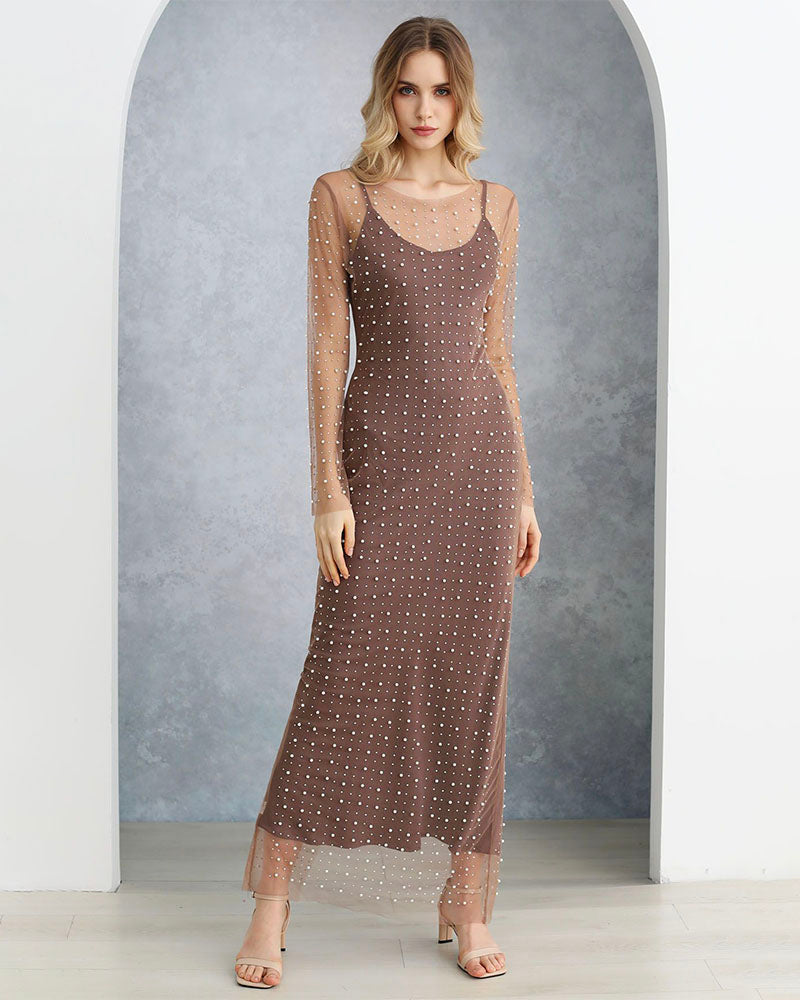 Full Pearl Mesh Cover up Dress Nude
