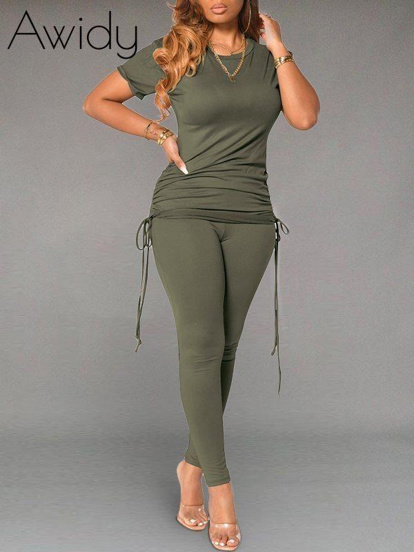 Solid Drawstring Top & Pants Set Army Green