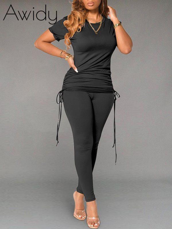 Solid Drawstring Top & Pants Set Black
