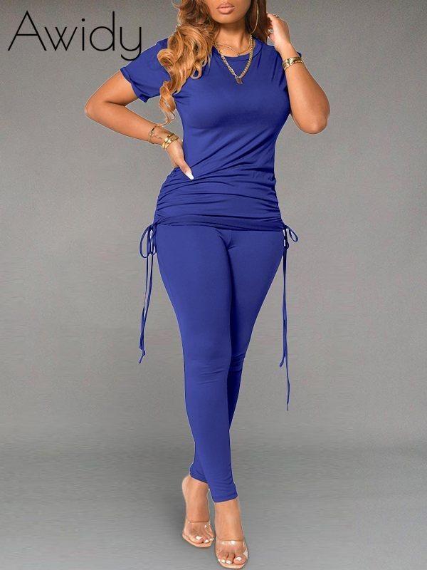 Solid Drawstring Top & Pants Set Blue