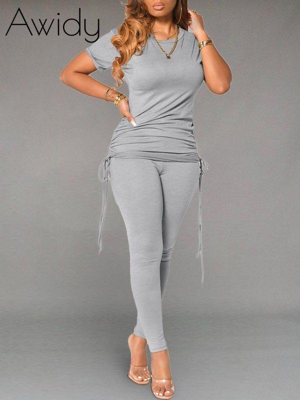 Solid Drawstring Top & Pants Set Gray
