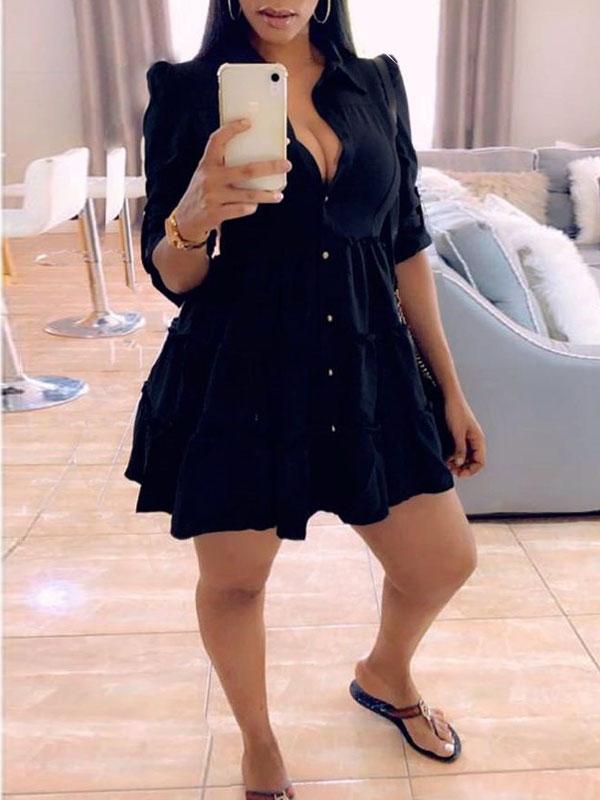 Einfarbiges Rüschenkleid mit Knopfleiste vorne