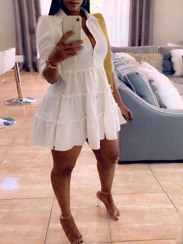 Einfarbiges Rüschenkleid mit Knopfleiste vorne – Ausverkauf