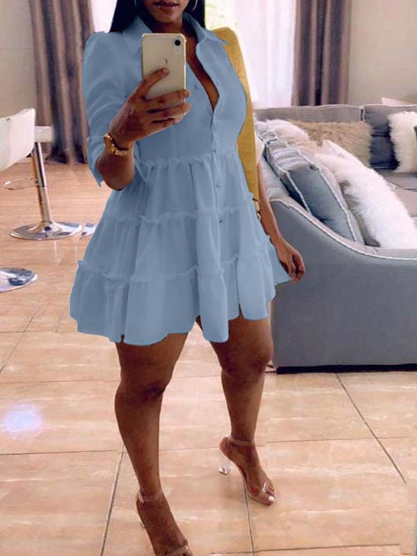 Einfarbiges Rüschenkleid mit Knopfleiste vorne