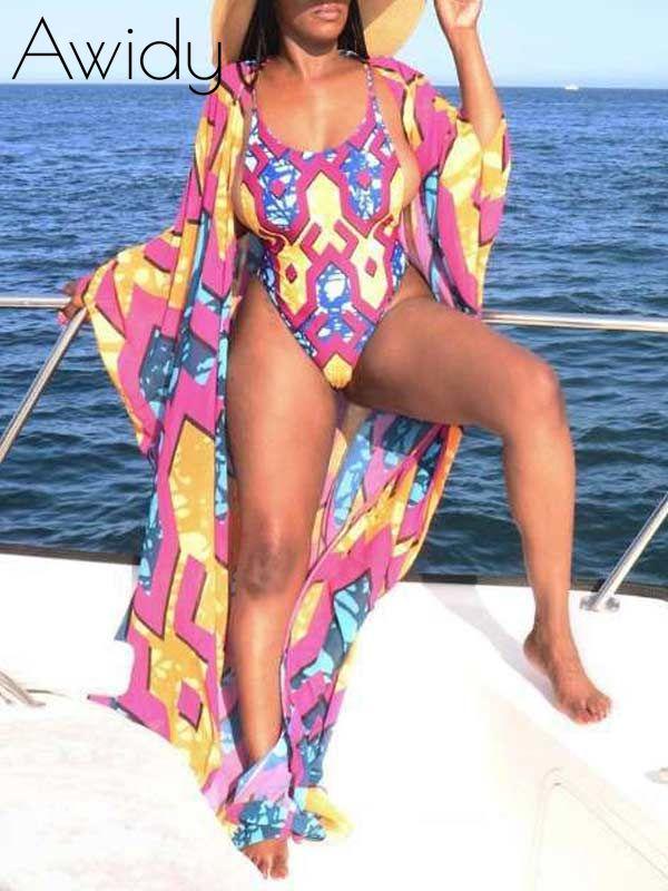 Printed One-Piece Swimsuit with Cover Multicolor