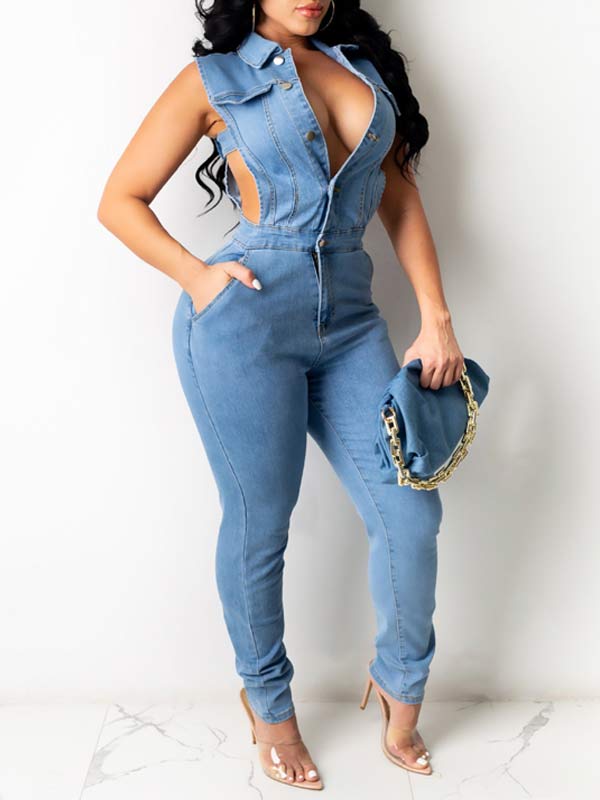 Ärmelloser Jeans-Jumpsuit mit Knopfleiste vorne