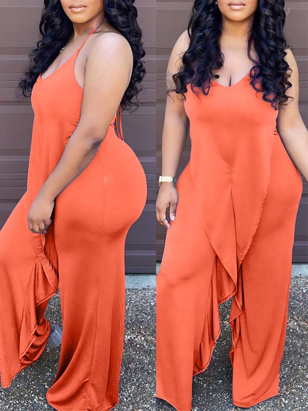 Einfarbiger Neckholder-Jumpsuit mit Rüschen