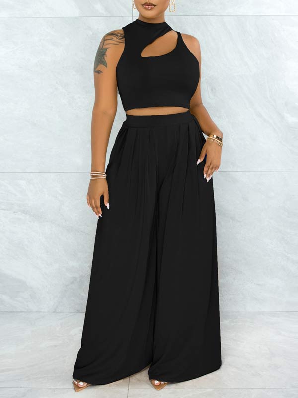 Ensemble haut découpé uni et pantalon large