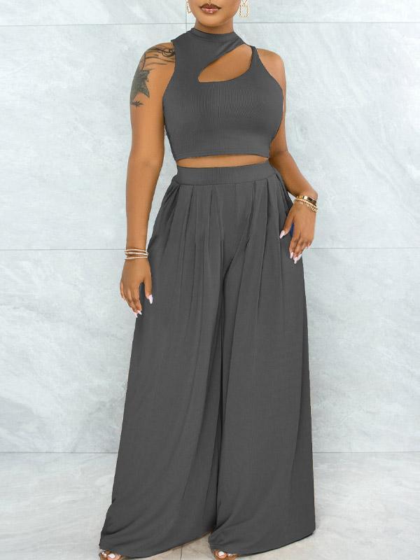 Ensemble haut découpé uni et pantalon large