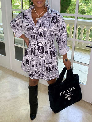 Bedrucktes Hemdblusenkleid mit geraffter Taille – Ausverkauf