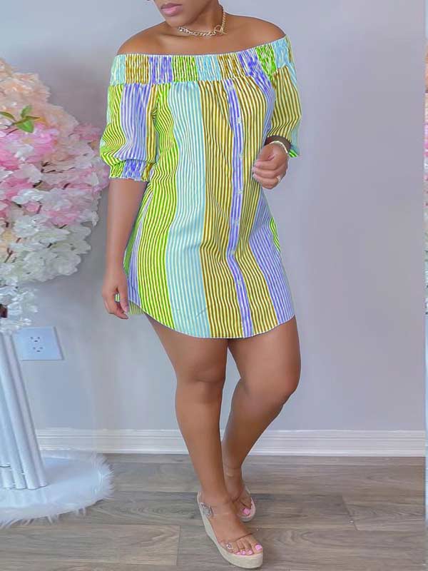 Gestreiftes schulterfreies Kleid – Ausverkauf