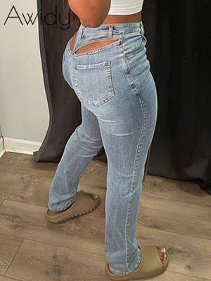 Cutout Back Jeans Light Wash Blue