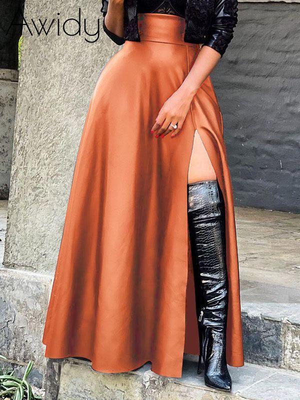 Slit Faux-Leather Skirt