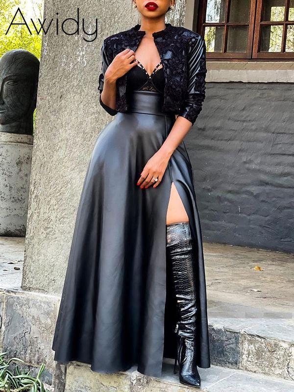 Slit Faux-Leather Skirt Black