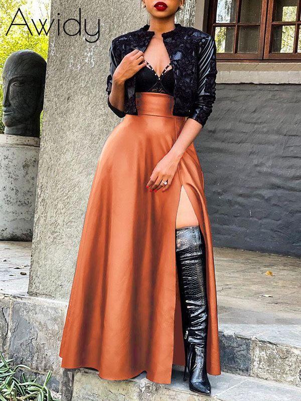 Slit Faux-Leather Skirt Brown