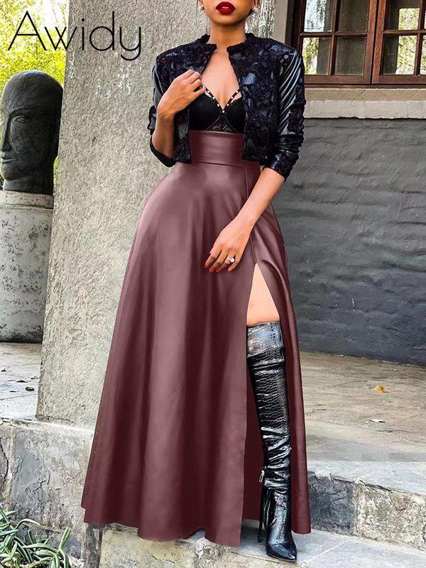 Slit Faux-Leather Skirt Burgundy