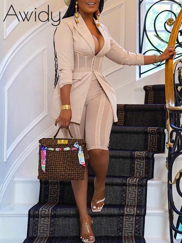 Gathered-Waist Blazer & Biker Shorts Set Nude