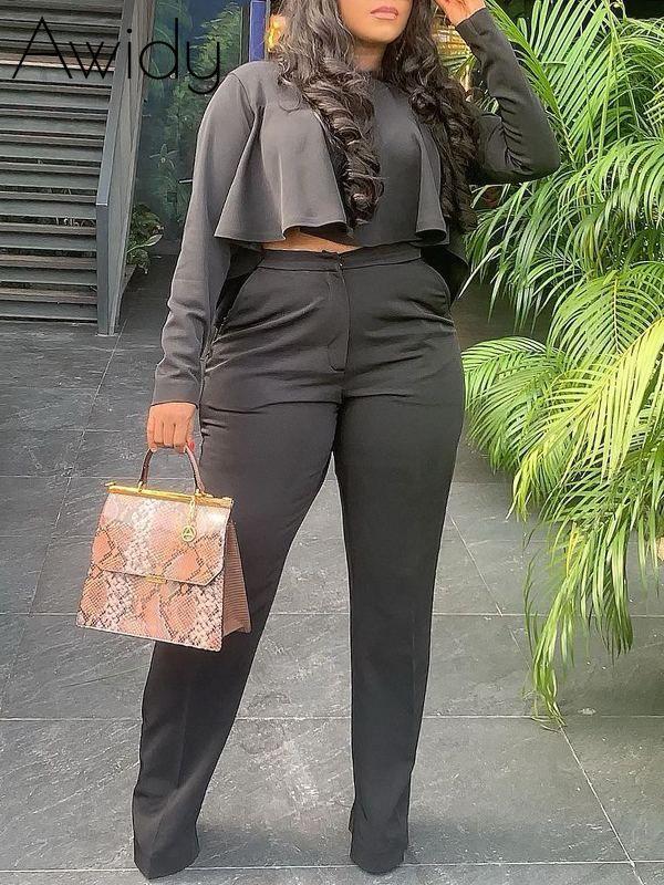Solid High-Low Top & Pants Set Black