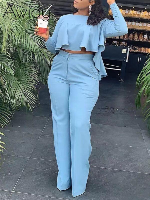 Solid High-Low Top & Pants Set Icy Blue