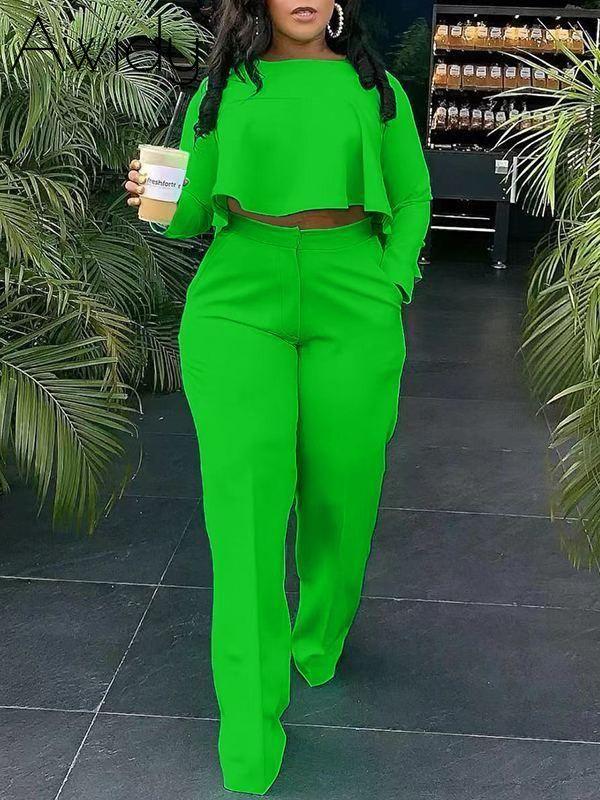 Solid High-Low Top & Pants Set Green