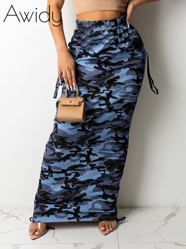 Camo Drawstring Skirt Blue