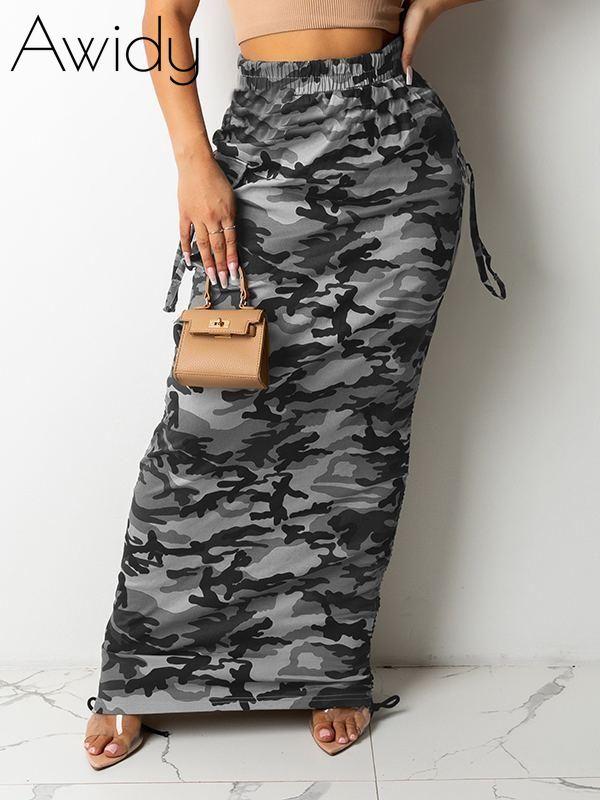 Camo Drawstring Skirt Gray