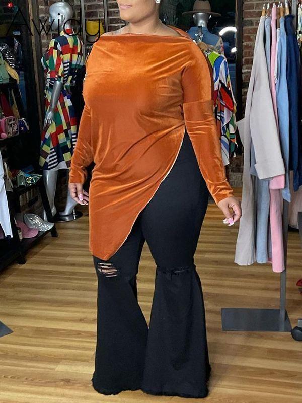Plus Size Velvet Zip Tunic Top--Clearance Orange 3XL