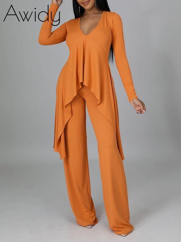 Ribbed Asymmetric Top & Pants Set--Clearance Orange L