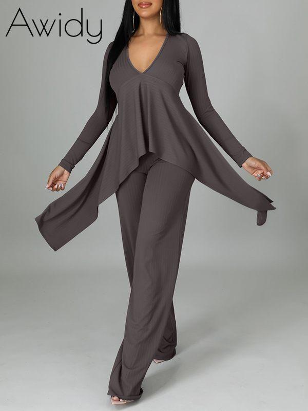 Ribbed Asymmetric Top & Pants Set--Clearance
