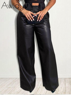 Faux-Leather Wide-Leg Pants Black