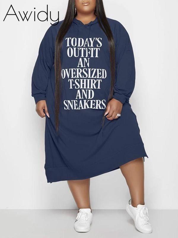 Plus Size Slogan Side-Slit Hoodie Dress