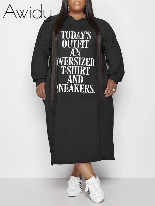Plus Size Slogan Side-Slit Hoodie Dress Black 2XL